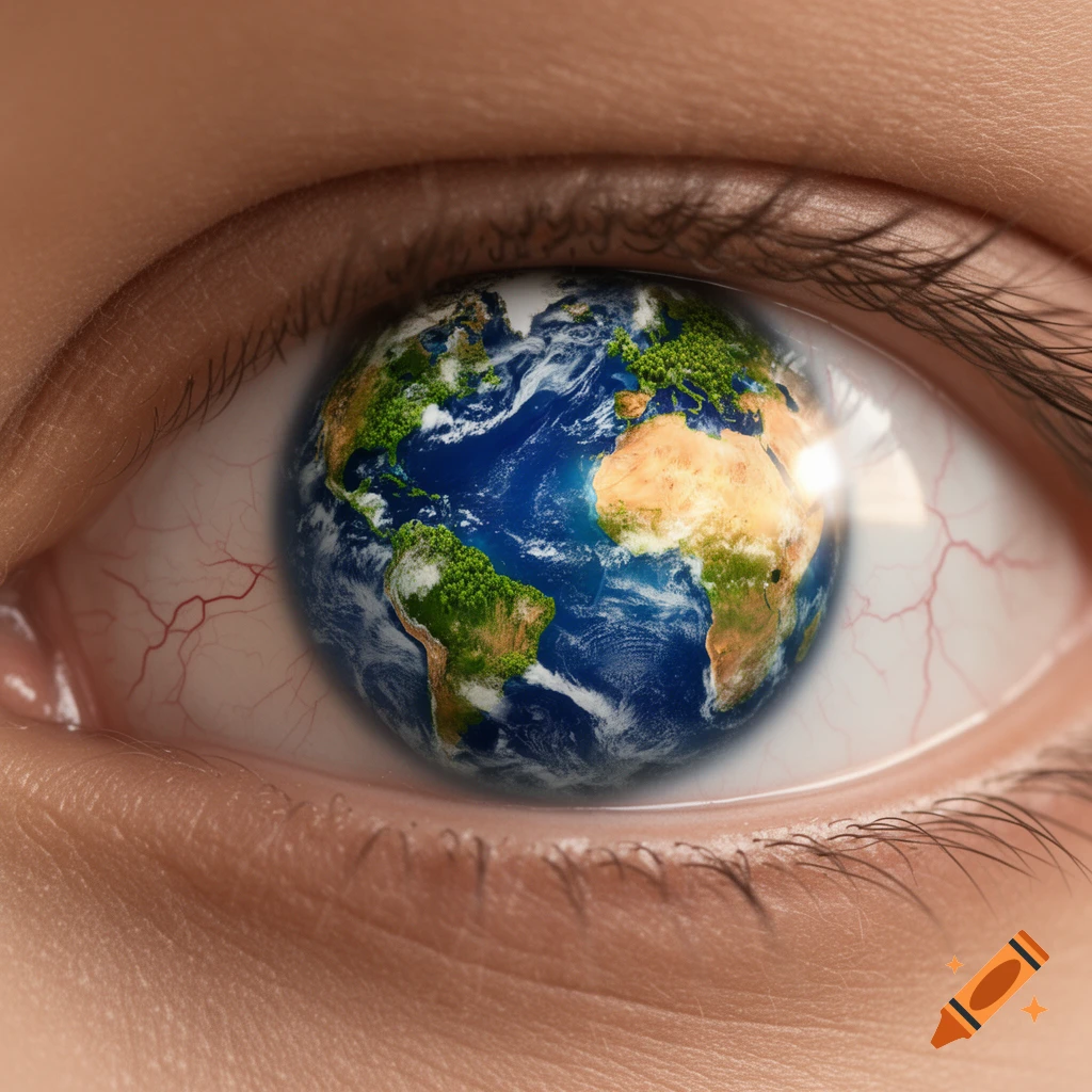 A close-up of a human eye featuring a detailed globe of the world as its iris and pupil, showing continents and oceans.
