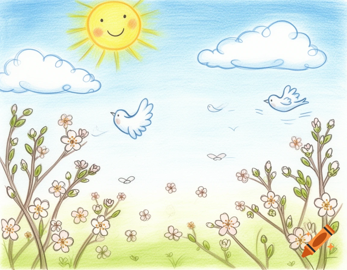 A colorful crayon-style drawing of a spring scene with a smiling sun, clouds, flying birds, and flowering tree branches against a blue sky and green grass.