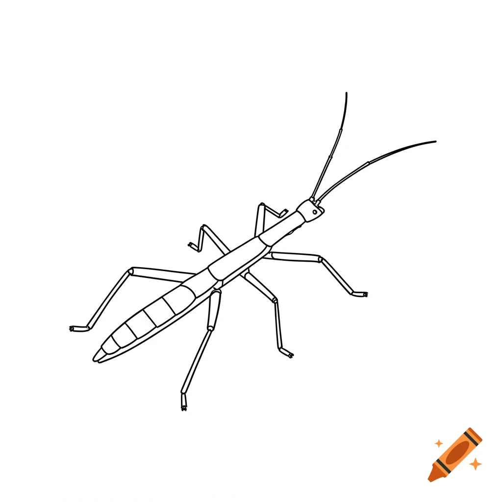 A simple black and white outline drawing of a stick insect on a white background.