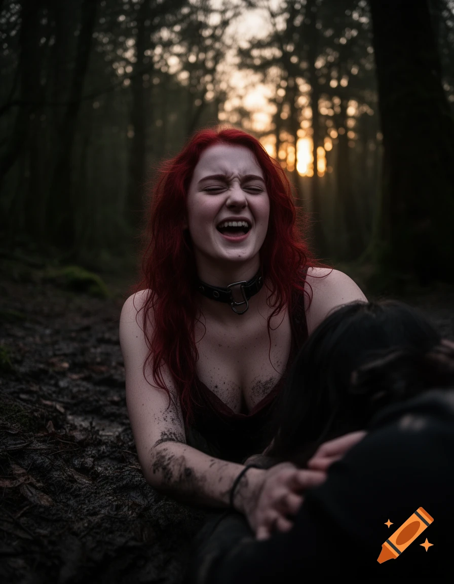 A red-haired woman with a collar, covered in mud, lies in a dark forest with golden light filtering through trees, laughing or struggling with an obscured figure.