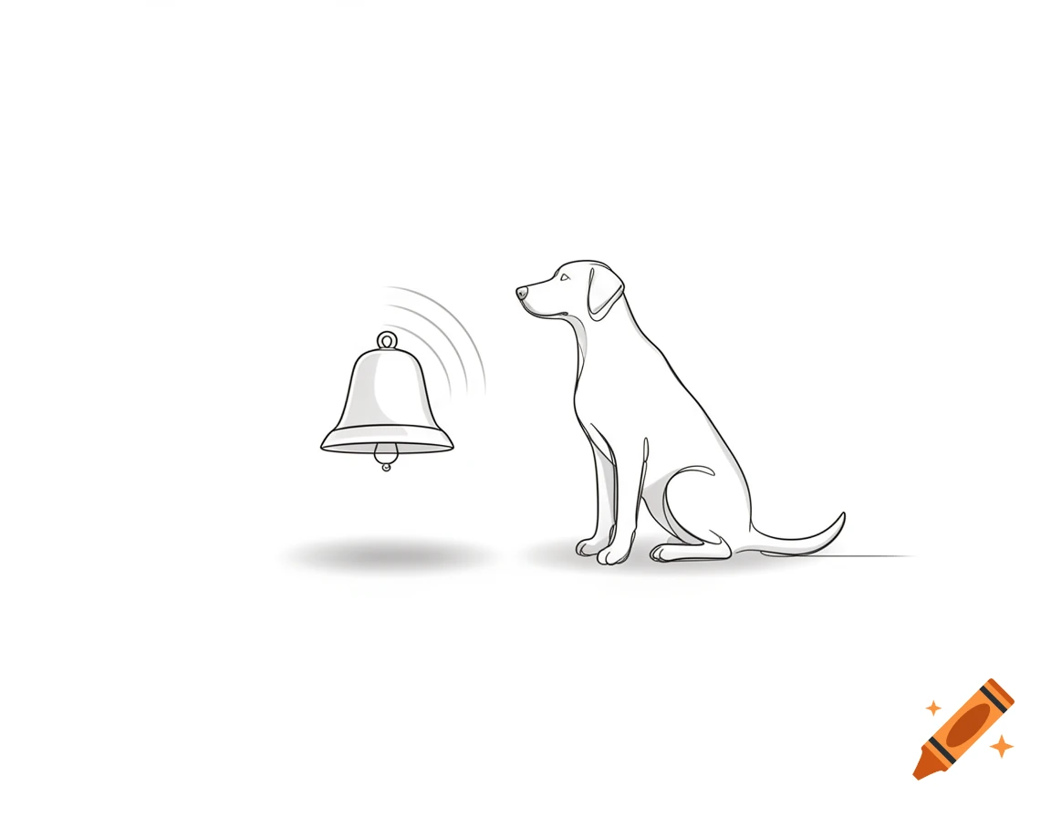 A simple line drawing of a dog sitting next to a ringing bell with sound waves.