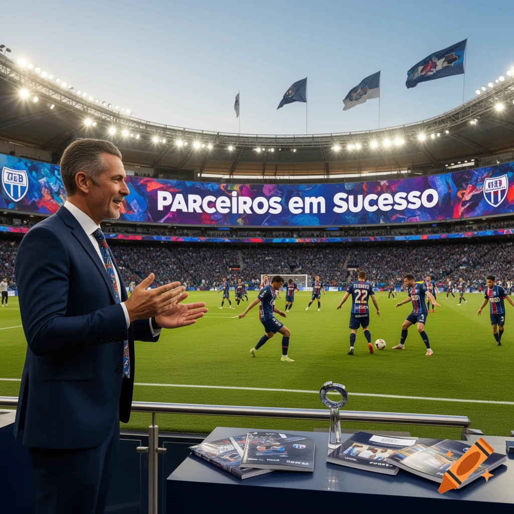 A man in a suit claps from a stadium box overlooking a football match, with a screen showing "PARCEIROS em SUCESSO"