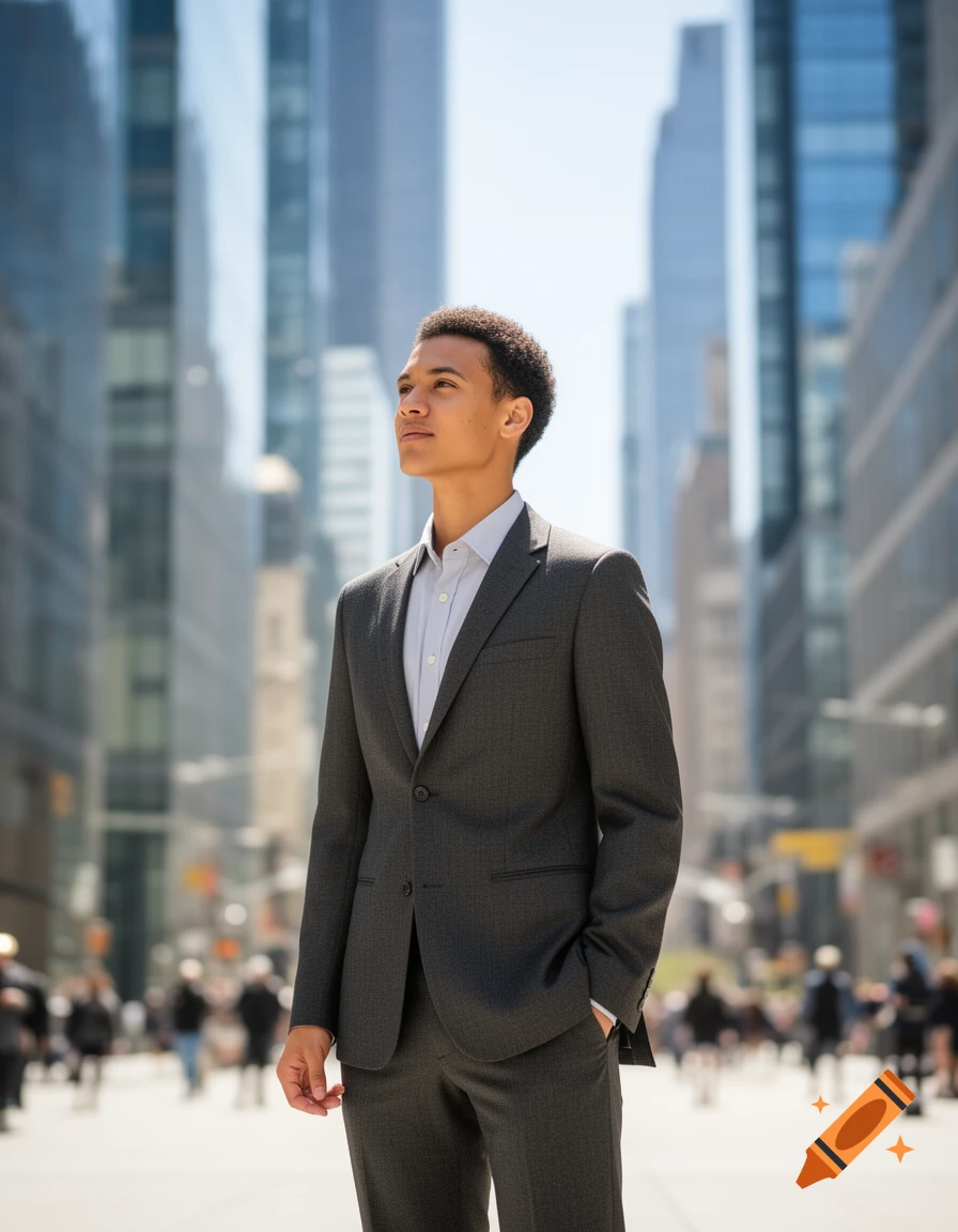 A young man in a dark suit stands looking up confidently in a bustling city street with skyscrapers.