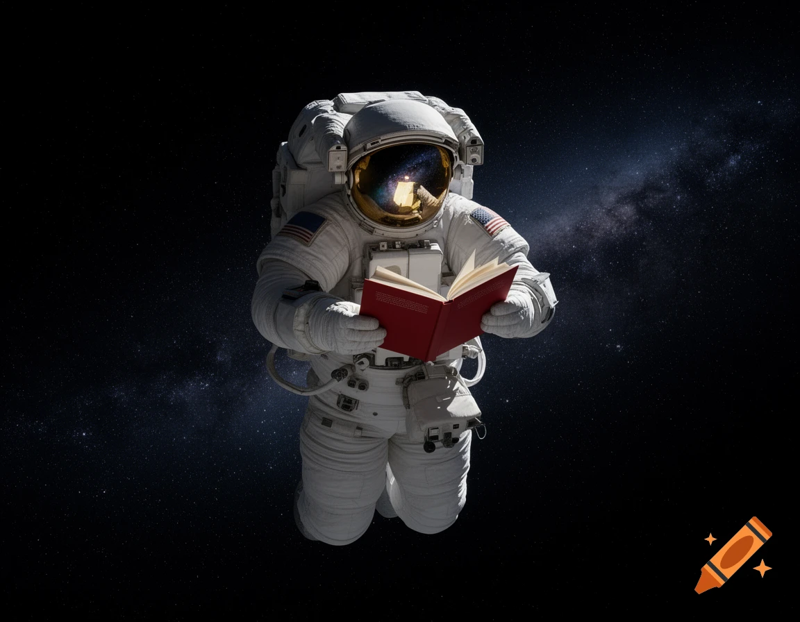 A realistic image of an astronaut in a white suit floating in deep space, reading a red book.