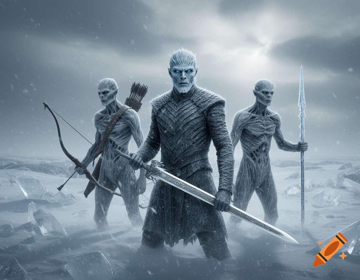 The Night King stands with two White Walkers in a desolate, snowy landscape, holding a sword, a bow with arrows, and a spear.