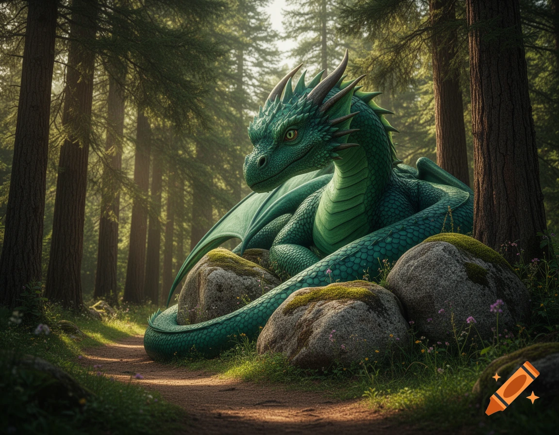 A large green dragon with horns and scales rests among mossy rocks on a dirt path in a sunlit pine forest, photorealistic.
