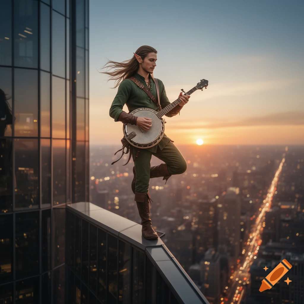 An elf, dressed in green, plays a banjo while balancing on one leg atop a skyscraper overlooking a city at sunset.