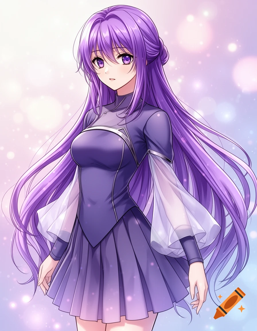 Anime girl with long purple hair and eyes, wearing a dark purple dress with sheer sleeves, against a sparkling bokeh background.