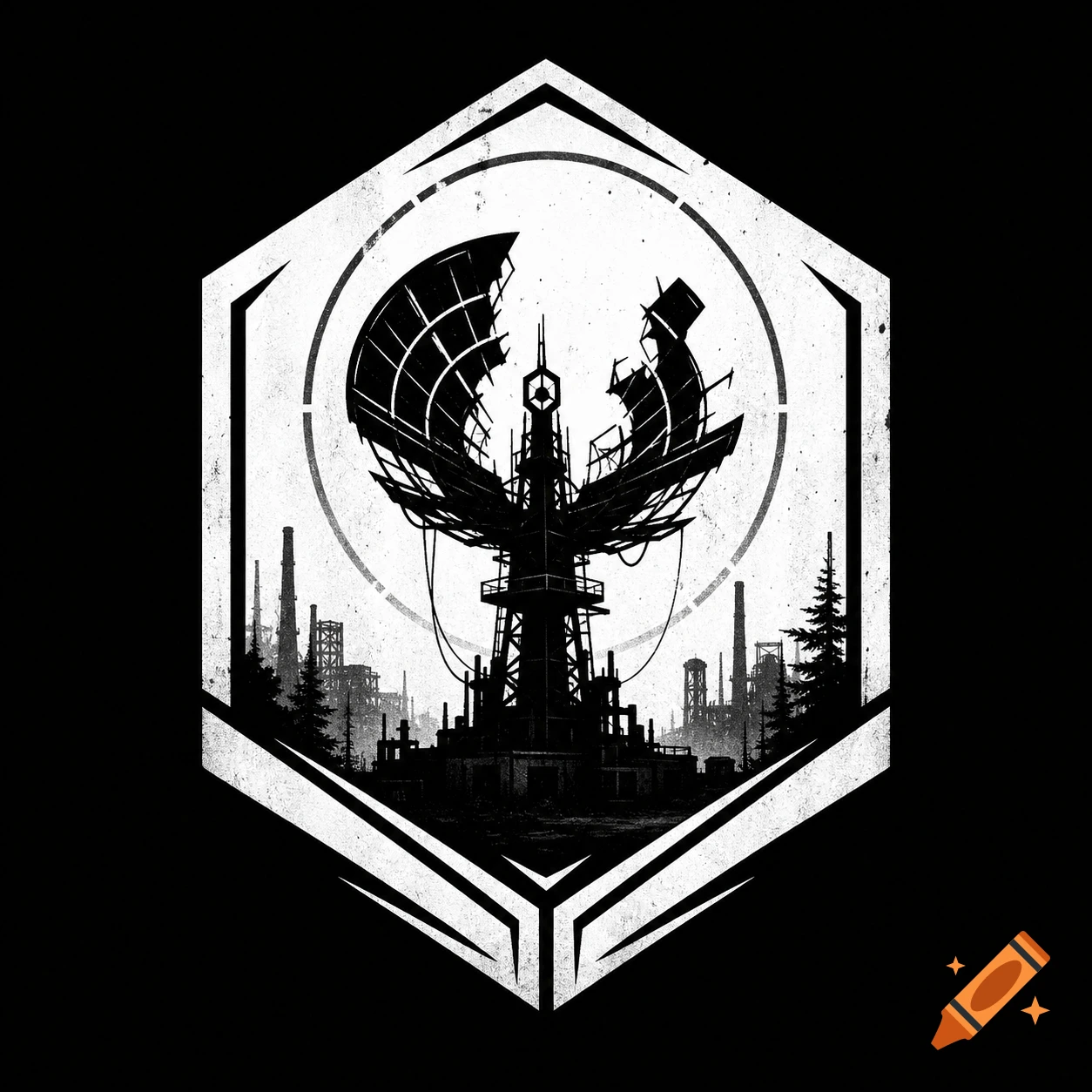 Monochrome logo with a broken radar dish and industrial buildings in a hexagonal frame, conveying a post-apocalyptic sci-fi theme.