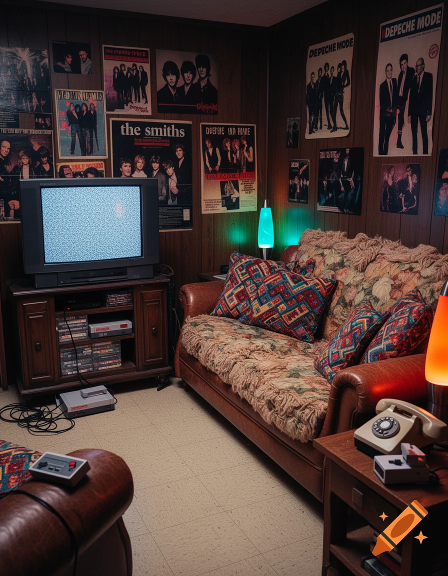 A retro 80s-90s style room with wood paneling, an old television with static, a floral couch, and numerous band posters on the wall.