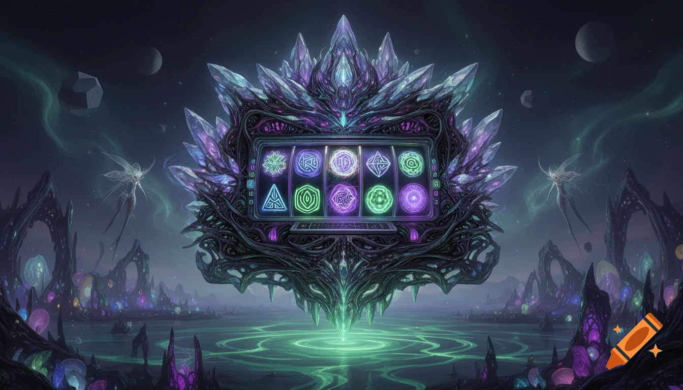 A floating, crystalline-organic alien slot machine with glowing glyphs, observed by strange entities in a cosmic exoplanet dreamscape.