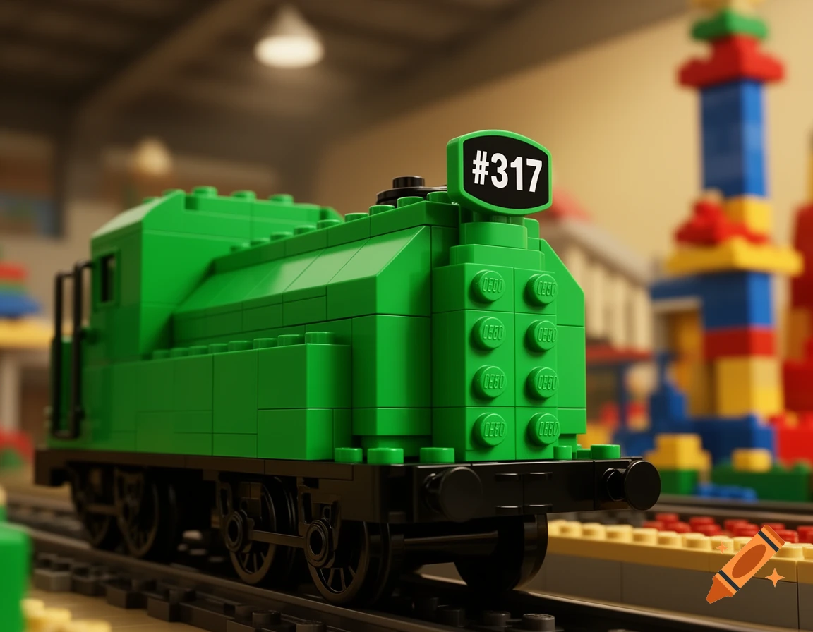 A vibrant green Lego train with the number #317 on its cap sits on tracks in a blurred room.