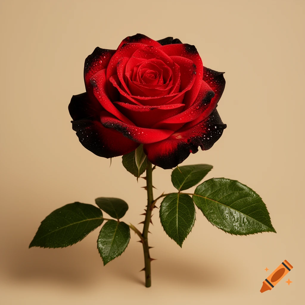 A single red rose with black-tipped petals and water droplets on a stem with green leaves, set against a plain beige background.