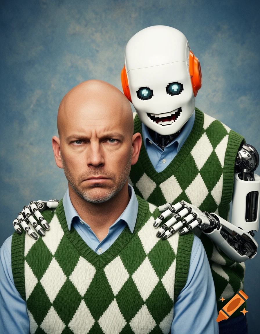 Awkward studio portrait of a serious bald man and a smiling robot in matching argyle sweater vests.