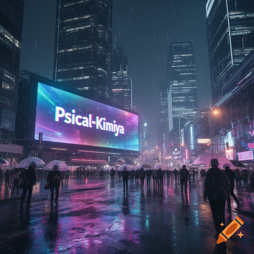 Rainy cyberpunk city street at night with neon signs and people carrying umbrellas walking past a large billboard.