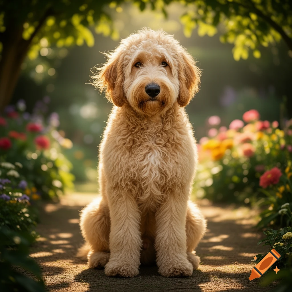 A cute golden doodle dog with mopey eyes sits on a path in a sunlit garden, surrounded by blurred flowers and green foliage.