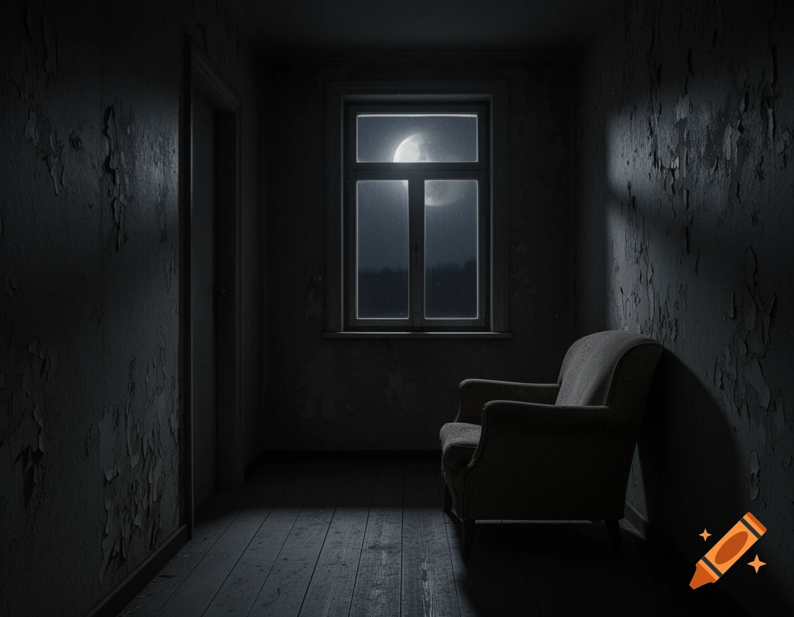 Dimly lit, dilapidated room with peeling walls, an armchair, and moonlight through a window at night. Realistic, melancholic style.