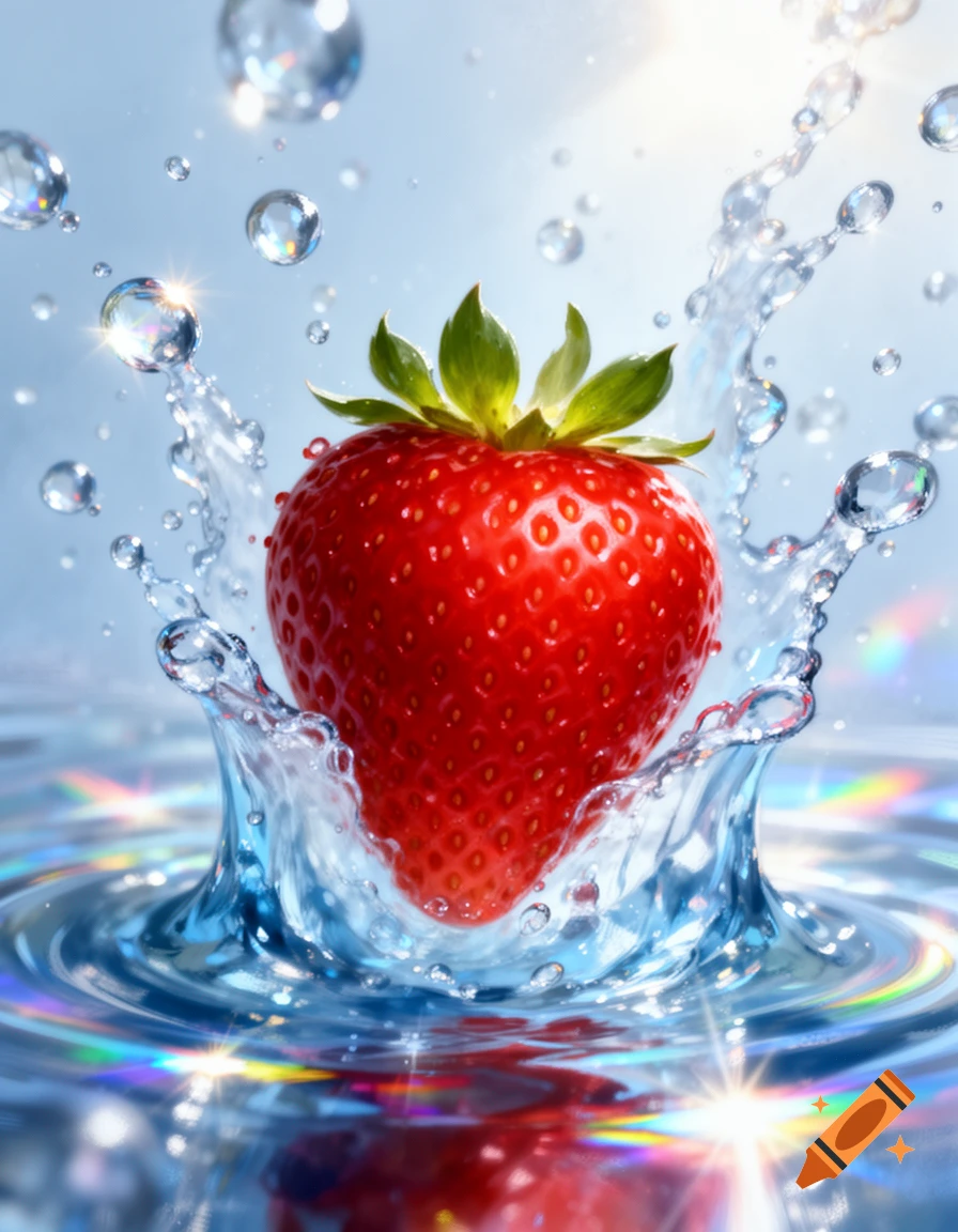 A vibrant red strawberry splashes into clear blue water, creating a dynamic crown of water droplets and sparkles.
