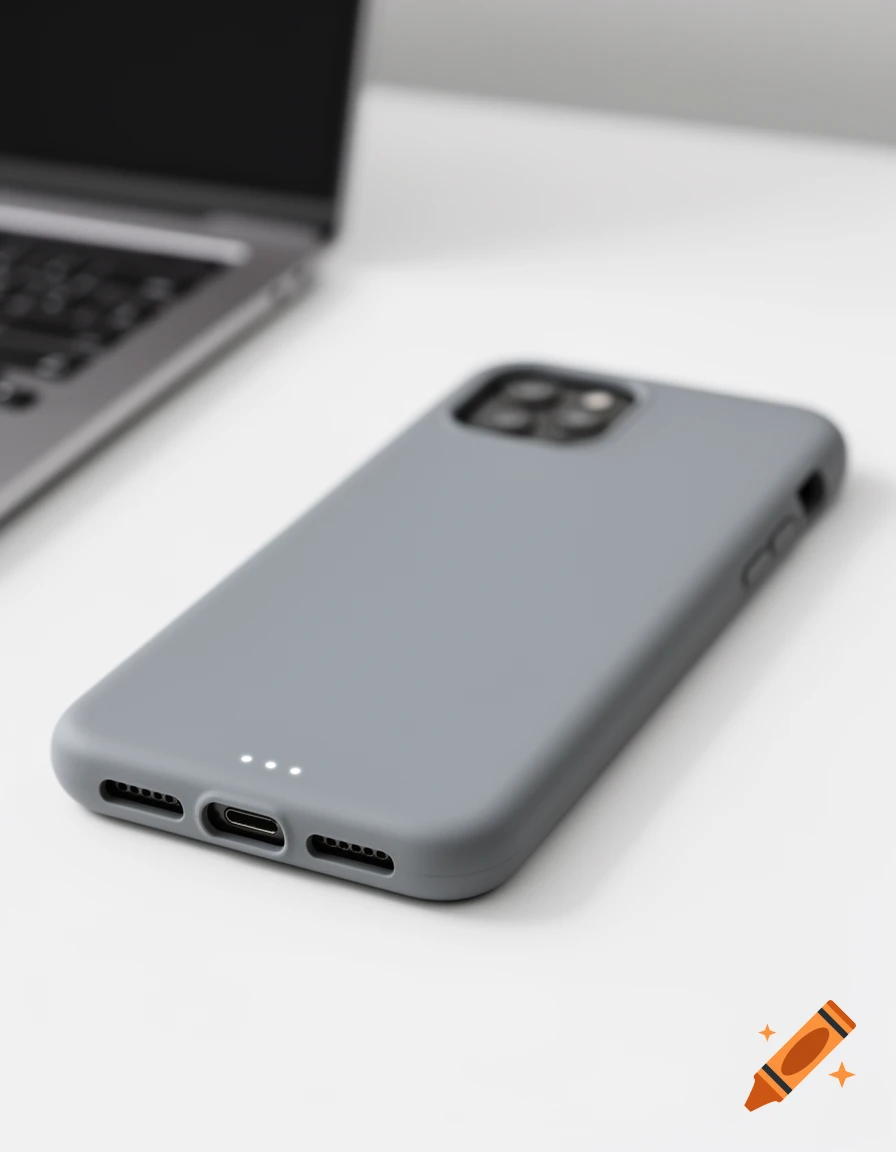 A grey smartphone case with three white indicator lights, lying on a white surface next to a blurry laptop.