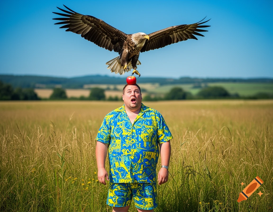 A surprised man in a blue and yellow patterned outfit stands in a field with a red apple on his head, as a large bald eagle swoops down towards it.
