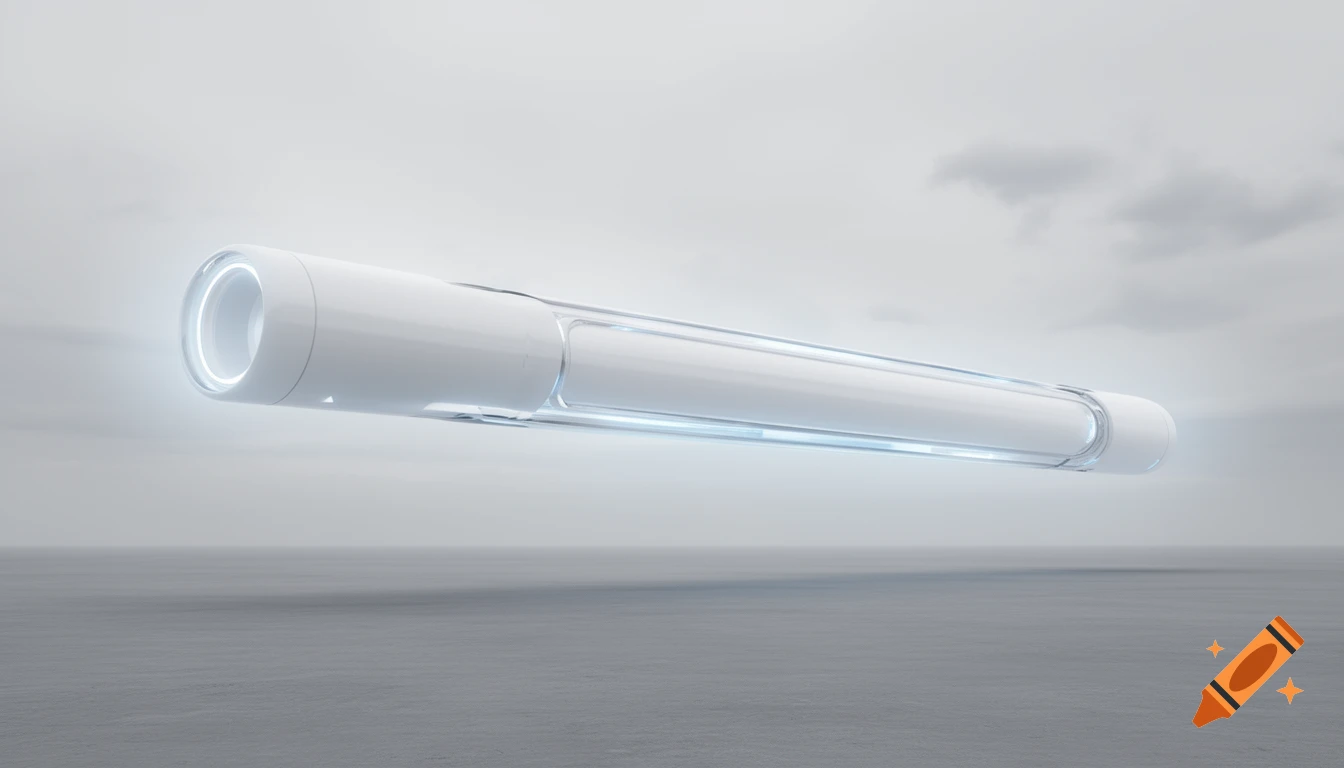 A long, seamless white metallic cylinder with glowing blue accents floats in a bright, minimalist environment.