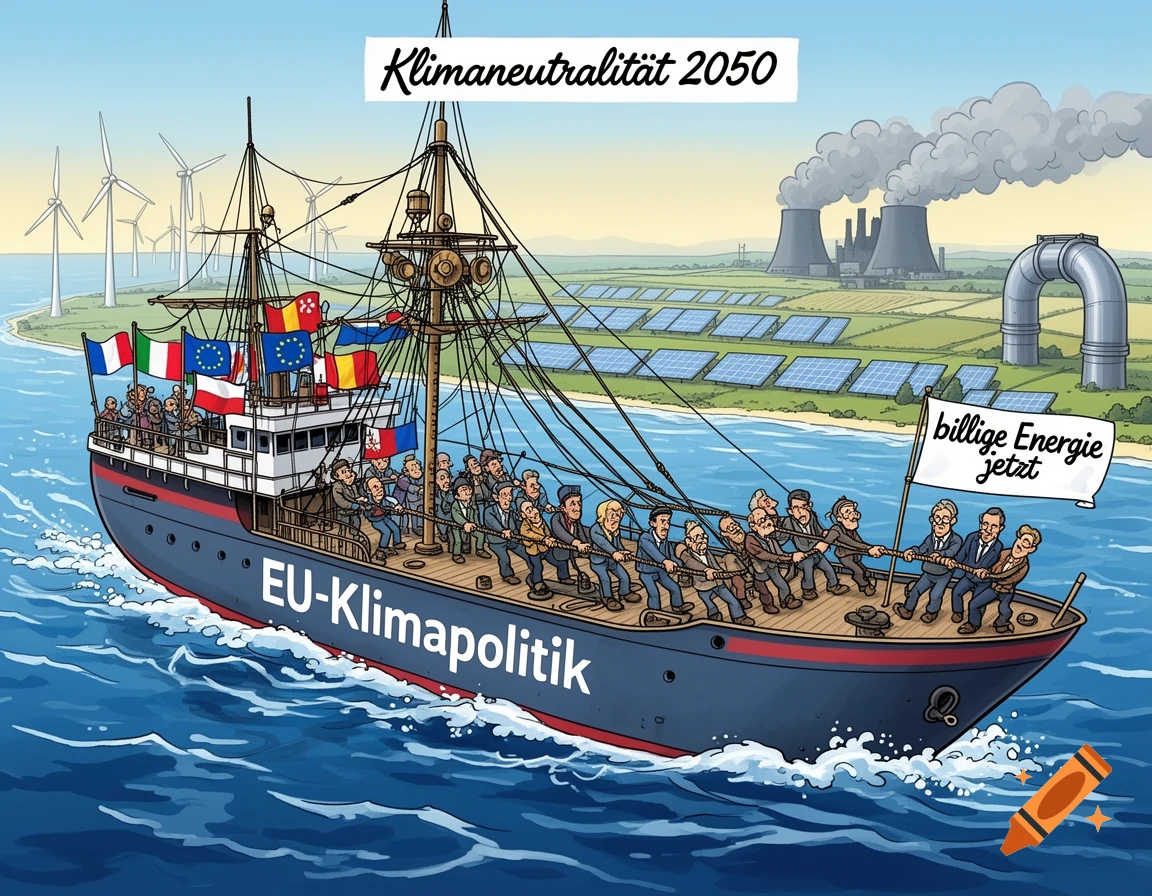 A political cartoon depicts a ship named "EU-Klimapolitik" pulled by people representing EU nations, towards "Klimaneutralität 2050" and "billige Energie jetzt." In the background are wind turbines, solar panels, a power plant, and a gas pipeline.