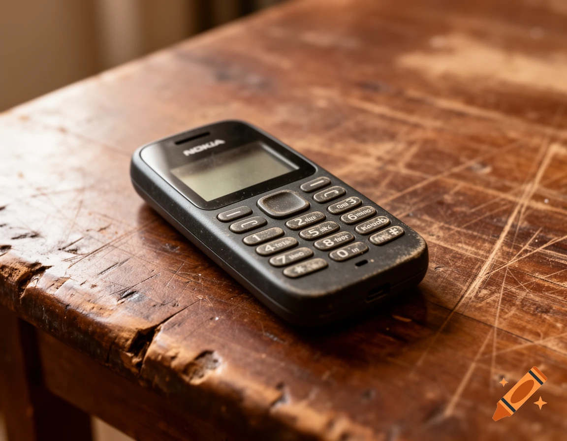 A black Nokia feature phone with a blank screen rests on a very old, scratched wooden table in a photorealistic style.