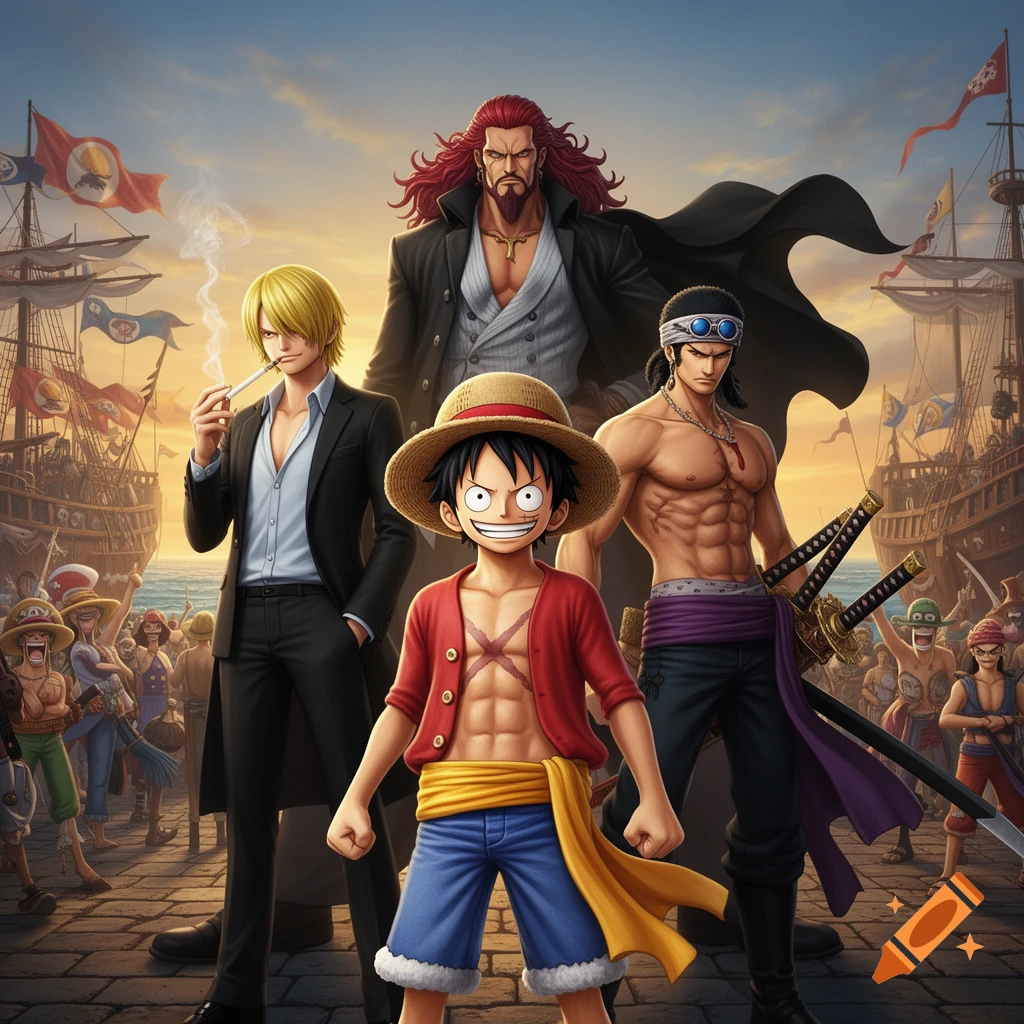 Anime characters Luffy, Sanji, Shanks, and Zoro stand on a cobblestone dock with pirate ships and a sunset in the background.