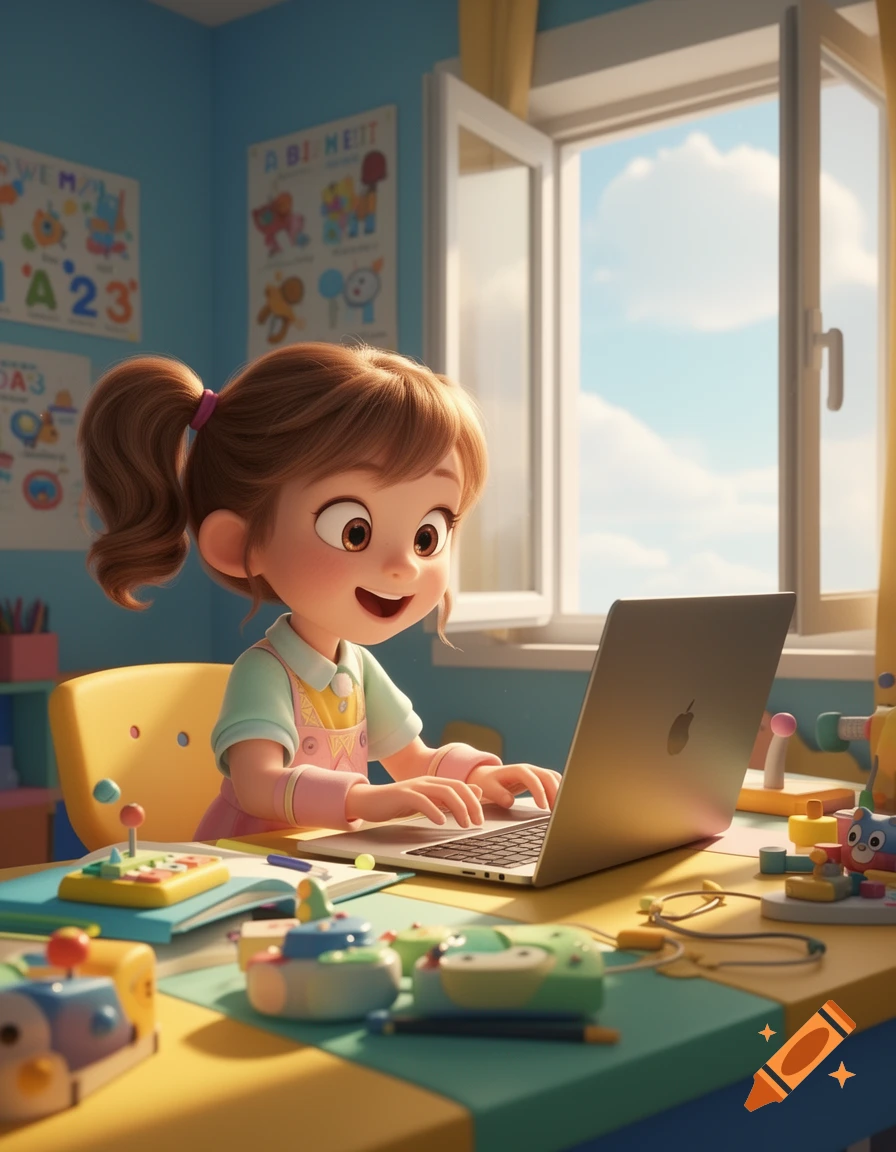 A happy 3D cartoon girl studies on a laptop at a colorful desk in a bright room with educational charts.
