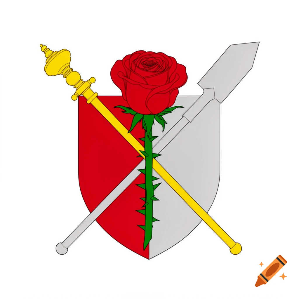 Flat heraldic coat of arms with a red rose, thorny green stem, golden scepter, and silver chisel on a red and silver shield.
