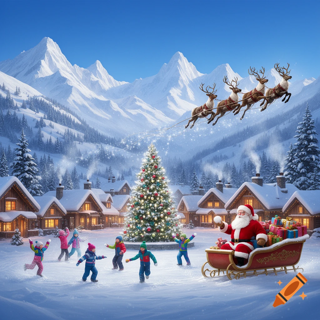 Santa Claus in his sleigh pulled by reindeer flies over a snowy Christmas village with a lit tree and children playing.