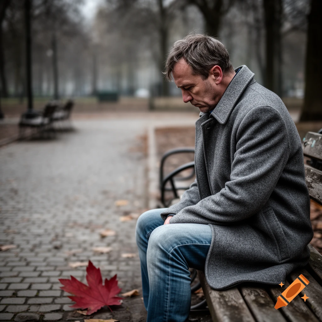A sad man in a grey coat and jeans sits hunched on a park bench, a red maple leaf on the ground beside him, in a photorealistic style.