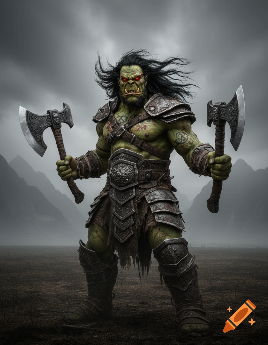 A fierce, green-skinned orc berserker with red eyes, windblown hair, and metal armor stands with two axes in a misty mountain landscape.