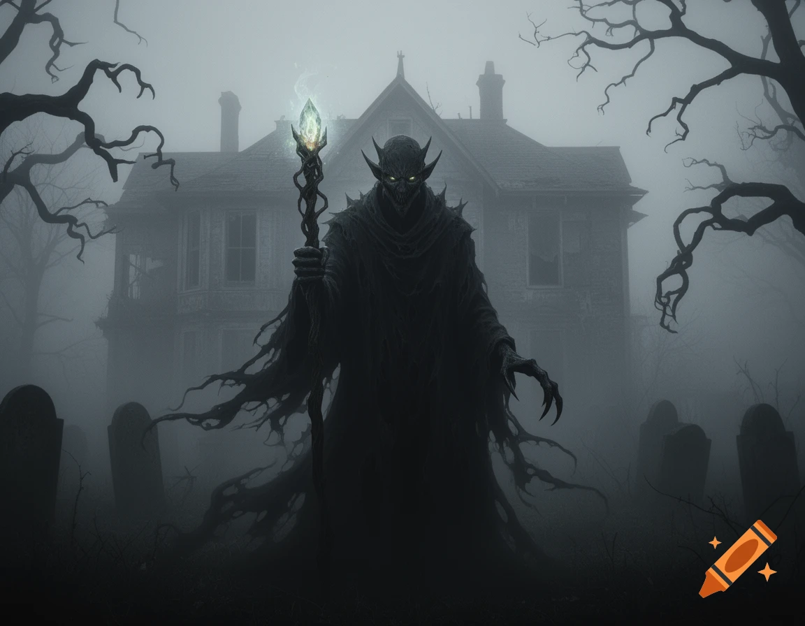 A horned demonic figure in a dark cloak holds a glowing staff amidst a foggy graveyard and a spooky mansion.