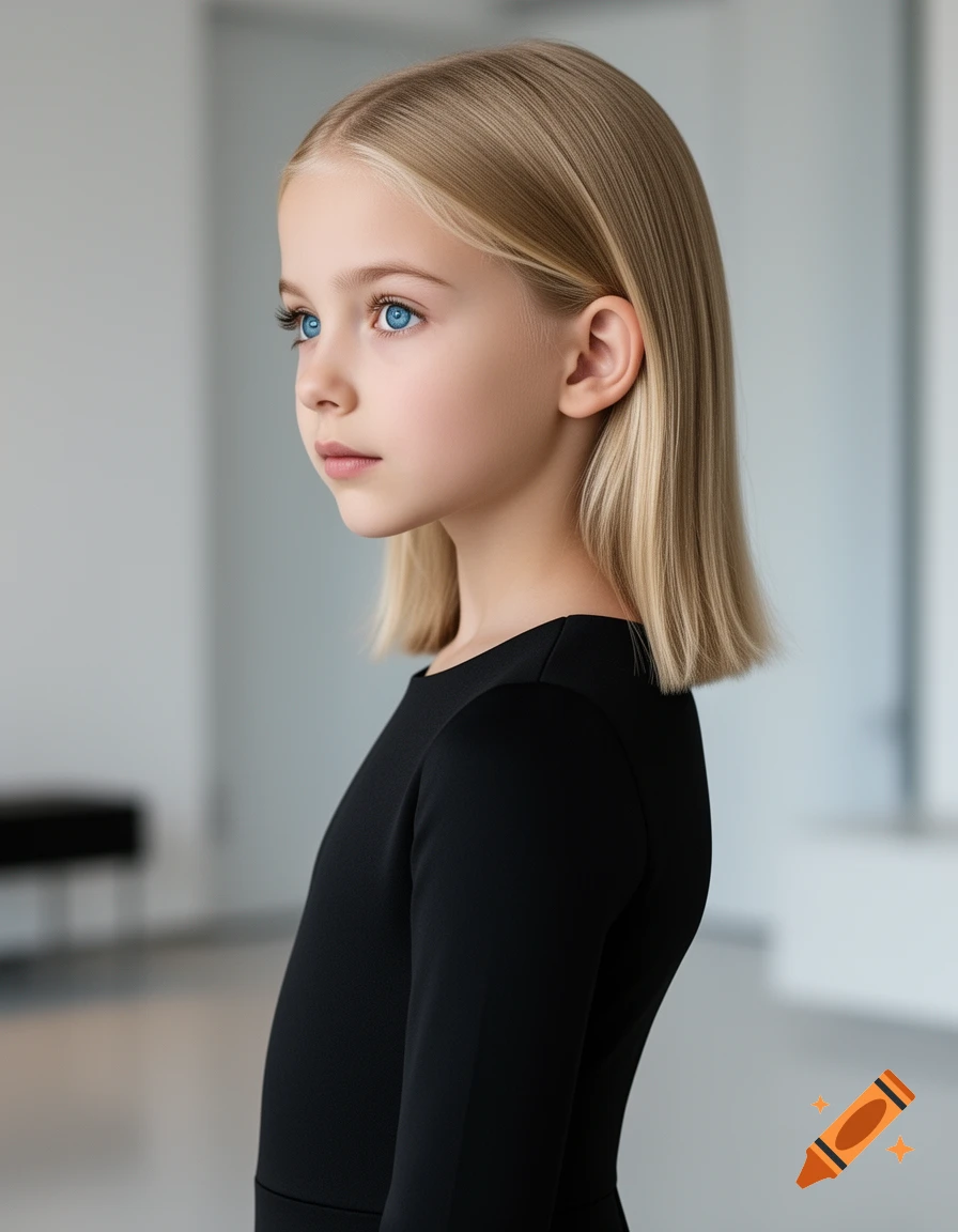 Photorealistic portrait of a blonde girl with striking blue eyes, wearing a black dress, looking left against a blurred light background.