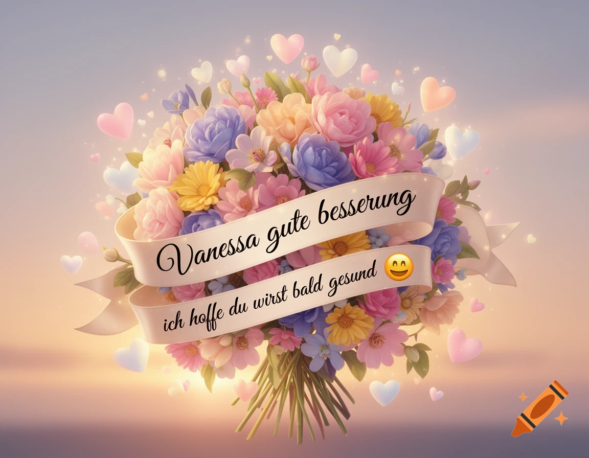 A colorful bouquet of flowers with a ribbon containing the German message 'Vanessa, get well soon', surrounded by hearts.