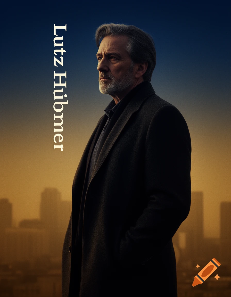 Photorealistic portrait of a pensive man with grey hair and beard in a dark coat against a sunset city skyline. Text: 'Lutz Hübner'.