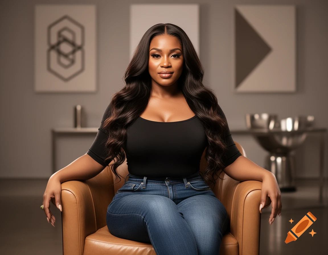 Photorealistic portrait of a woman with long dark wavy hair, wearing a black top and blue jeans, sitting in a brown armchair.