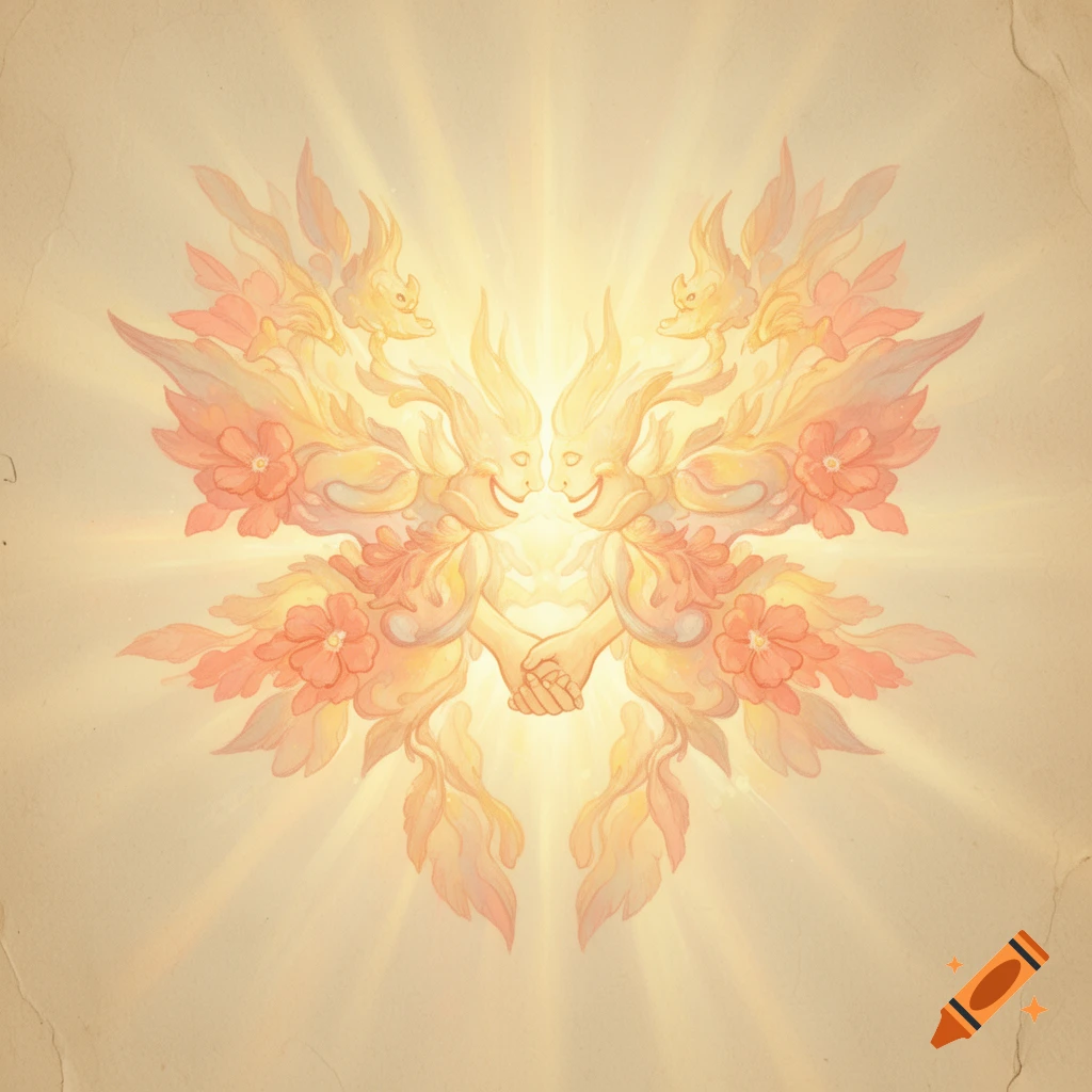 Symmetrical ethereal figures made of light and flowers, holding hands, radiating warmth in a Rorschach style.