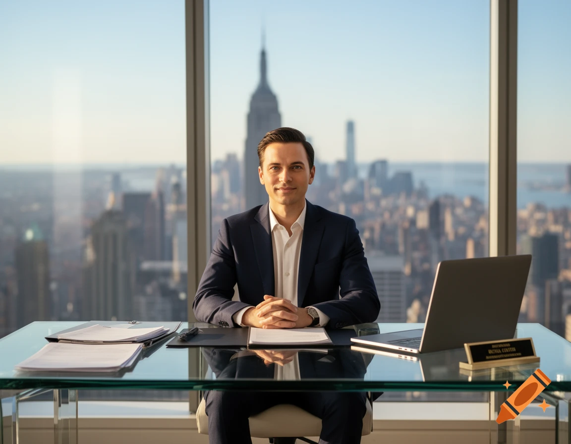 A professional man in a suit sits at a glass desk in a high-rise office, looking at the camera, with a city skyline view behind him.