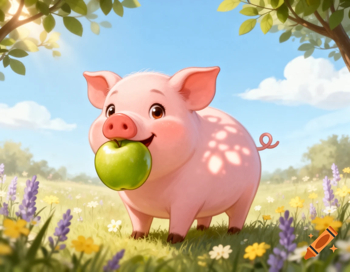 A cute cartoon pig stands in a sunny grassy field with flowers, holding a green apple in its mouth.