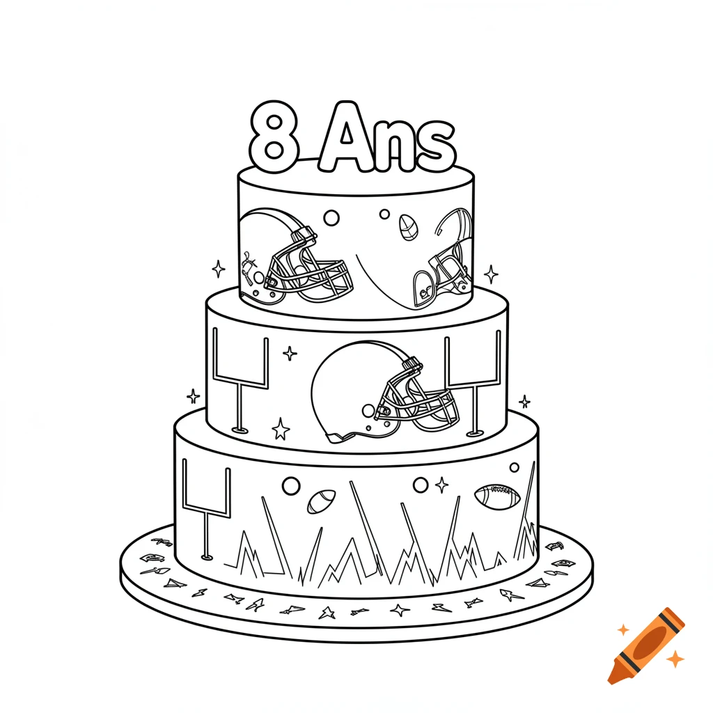 Line art birthday cake with NFL theme. A three-tiered cake decorated with helmets, goalposts, footballs, and '8 Ans' text on top.
