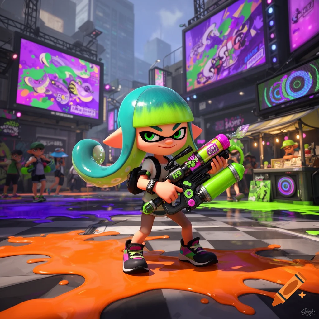 A cartoonish Splatoon Inkling character with green and teal hair, holding a large neon green and pink ink gun, stands on a street with orange ink splatters. Large vibrant screens display abstract art in the background.
