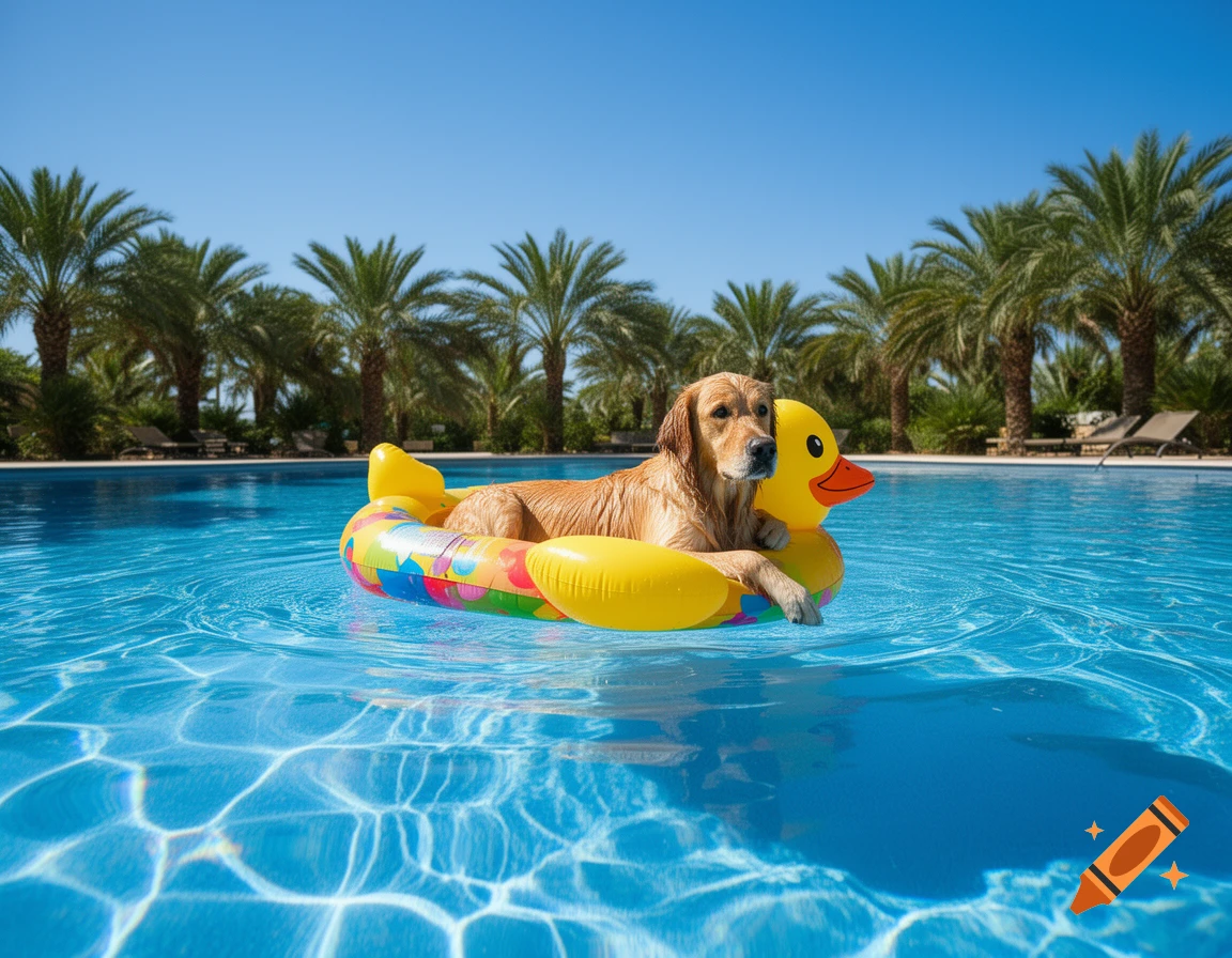 Golden retriever dog floating in a yellow duck inflatable in a blue swimming pool with palm trees under a clear sky.