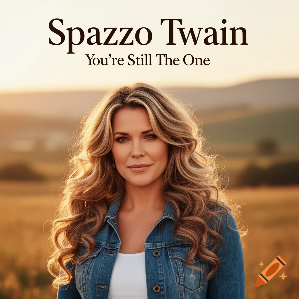 Photorealistic portrait of a smiling woman with long blonde hair in a denim jacket, in a golden field at sunset. Text: Spazzo Twain, You're Still The One.