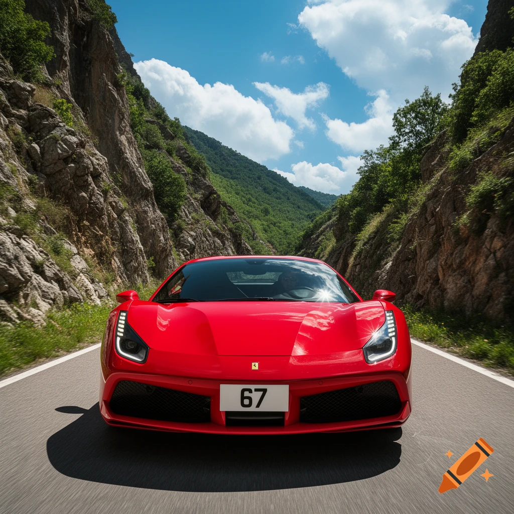 A vibrant red sports car with the number 67 on its license plate drives down a scenic mountain road under a bright blue sky.