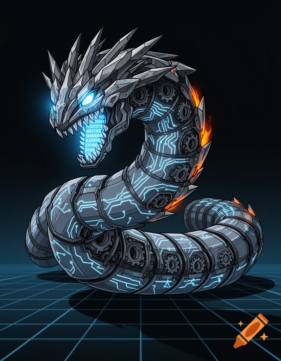 A robotic serpent with glowing blue eyes and circuits, exhaling binary code from its mouth, against a dark grid background.