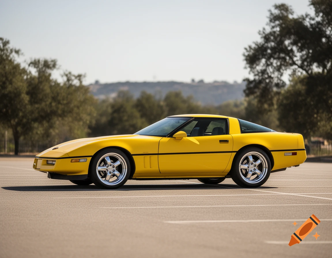 A bright yellow 1980s Corvette C4 with chrome wheels is parked on an asphalt lot under a clear sky.