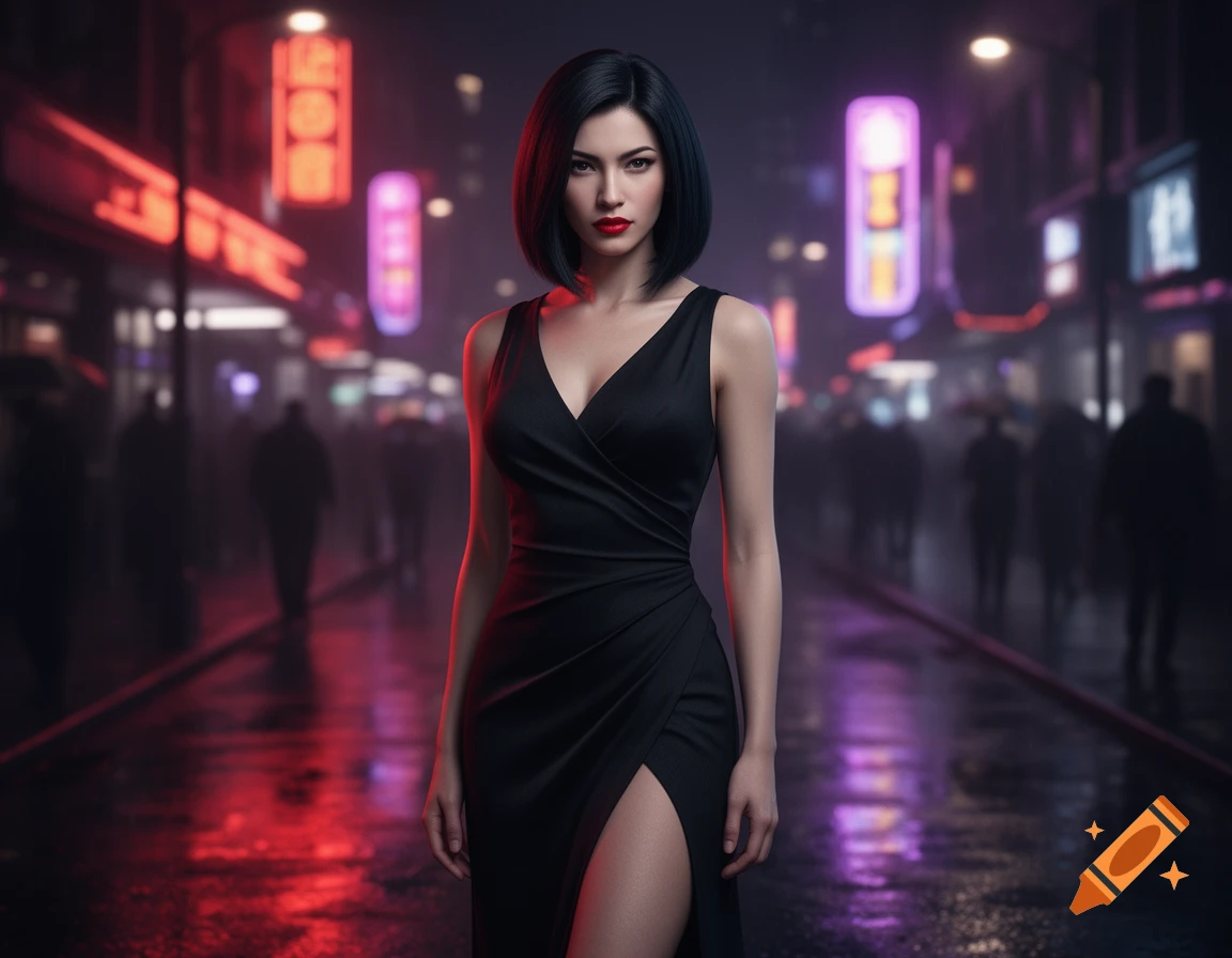 A woman with short dark hair and red lipstick stands confidently in a sleek black dress with a high slit on a wet city street at night, illuminated by neon lights.