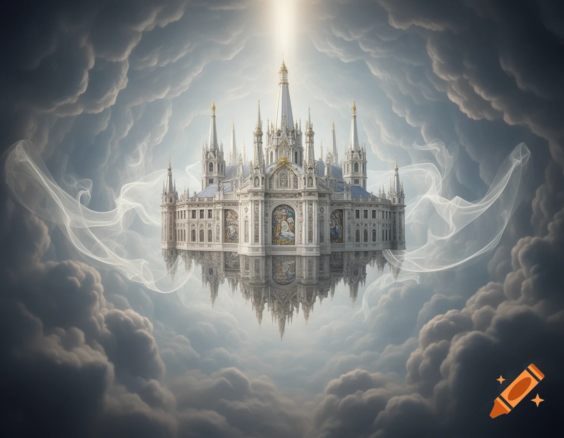 A majestic white castle with spires floats in a cloudy sky, bathed in a brilliant light from above, with its reflection visible below.